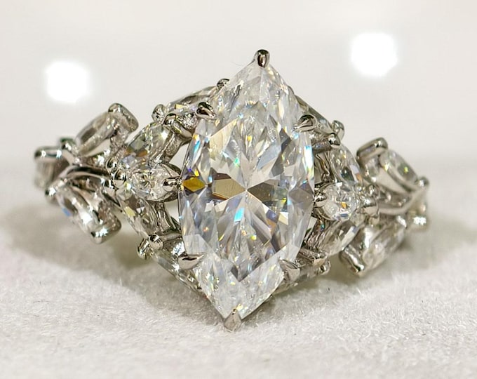 Marquise Cut Moissanite Cluster Engagement Ring, Vintage Style Leaf & Vine Art Deco Custom Proposal Ring, Luxury Anniversary Gift For Women