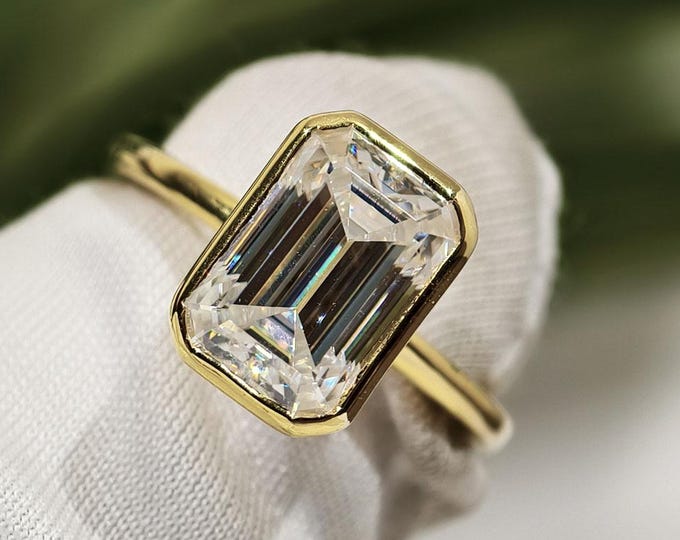 Bezel Set Emerald Cut Ring, 2 CT Emerald Cut Moissanite Engagement Ring For Her, Solitaire Anniversary Ring, Promise Ring Gift For Women