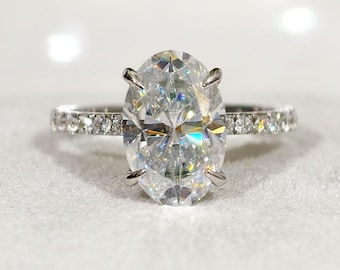3 CT Oval Cut Lab Grown Diamond Engagement Ring, Unique Hidden Halo Wedding Ring, Four Claw Prong Set Luxury Bridal Jewelry
