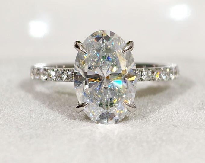 3 CT Oval Cut Lab Grown Diamond Engagement Ring, Unique Hidden Halo Wedding Ring, Four Claw Prong Set Luxury Bridal Jewelry