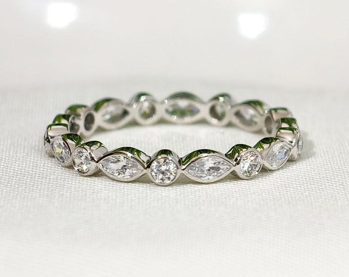 Round And Marquise Cut Wedding Band, Unique Bezel Set Full Eternity Stackable Band for Engagement Ring, Minimalist Bridal Anniversary Gift