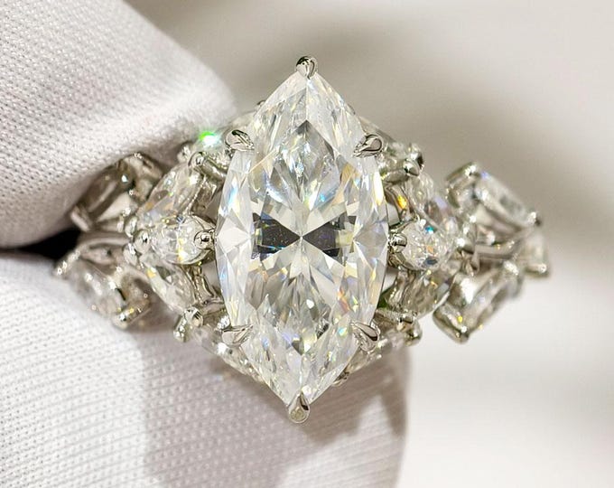 Marquise Cut Moissanite Engagement Ring, Vintage Style Floral Leaf Vine Design Cluster Wedding Ring, Nature Inspired Art Deco Twig Pave Ring