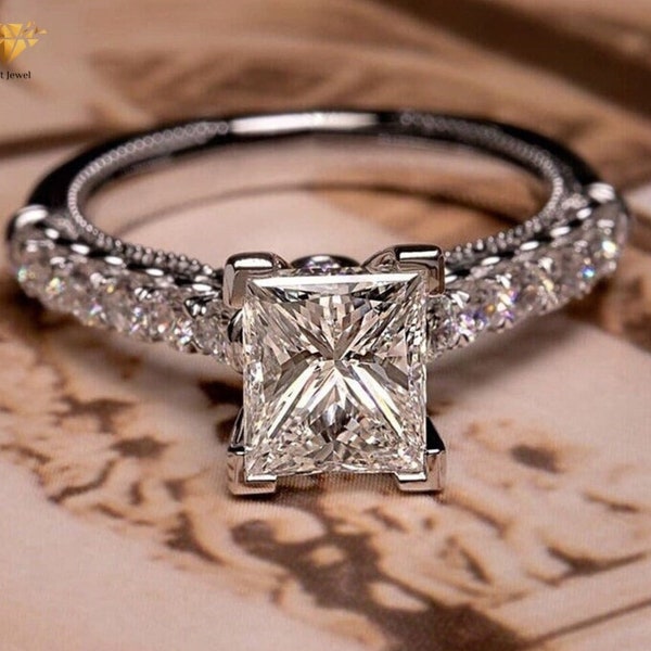 2 Carat Princess Cut Moissanite Vintage Ring Princess Diamond Wedding Solitaire Round Accent White Gold Anniversary Gifts Bridal Ring Set