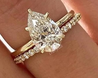 Pear Lab Grown Diamond Wedding Ring Set, Hidden Halo Bridal Ring Set, Flush Fit With Half Eternity Band, Sparkling Ring Set In Yellow Gold
