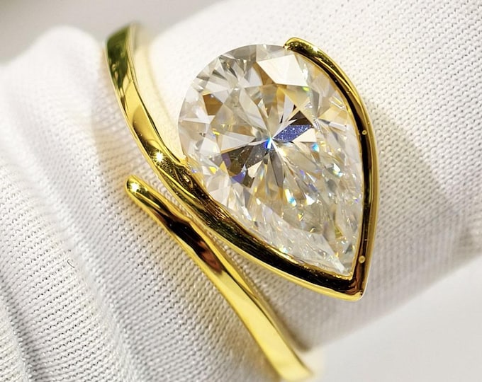 Solitaire Pear Moissanite Engagement Ring, East West Teardrop Bypass Ring, Half Bezel Set Curved Style Promise Ring, Horizontal Diamond Ring