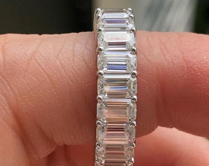Emerald Cut Moissanite Full Eternity Wedding Band, 14K Solid White Gold Matching Band, Stacking Gold Band, Proposal Band, Gift For Women
