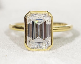 Bezel Set Emerald Cut Ring, 2 CT Emerald Cut Moissanite Engagement Ring For Her, Solitaire Anniversary Ring, Promise Ring Gift For Women