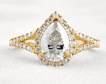 Pear Cut Lab Grown Diamond Wedding Ring, 2 CT Pear Cut Art Ring with Round Halo Engagement Ring, Unique Split Shank High Profile Ring