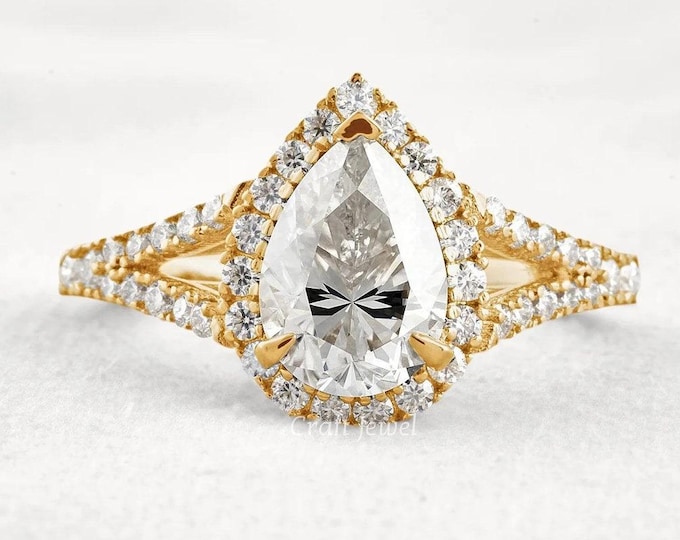 Pear Cut Lab Grown Diamond Wedding Ring, 2 CT Pear Cut Art Ring with Round Halo Engagement Ring, Unique Split Shank High Profile Ring