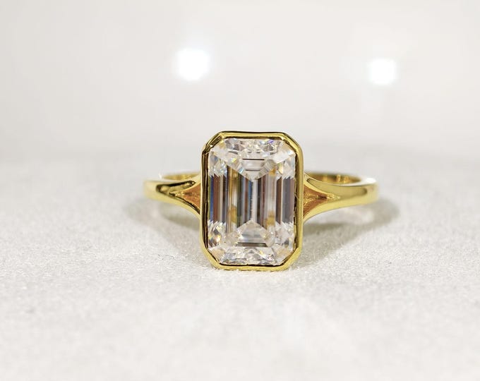 Emerald Cut Moissanite Bezel Set Engagement Ring, 3 CT Emerald Cut Bezel Set Solitaire Wedding Ring, Split Shank Style Promise Ring For Her