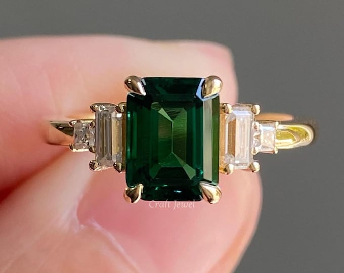 3 CT Green Emerald Cut Five Stone Ring, Emerald Green Moissanite Engagement Ring, Vintage Art Deco Wedding Ring, Classy Anniversary Ring