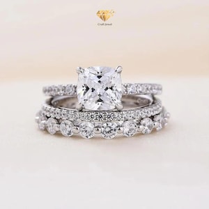 Kussengesneden moissaniet trouwringset, verborgen halo-beloftering met Eternity-band 3-delige ringset jubileumcadeau, klassieke bruidsringset