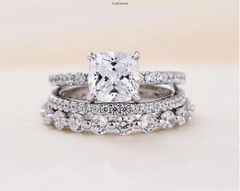 Classic Bridal Ring Set Cushion Cut Moissanite Wedding Rings Hidden Halo Ring With Eternity Band 3pcs Ring Set Anniversary Gift Ring