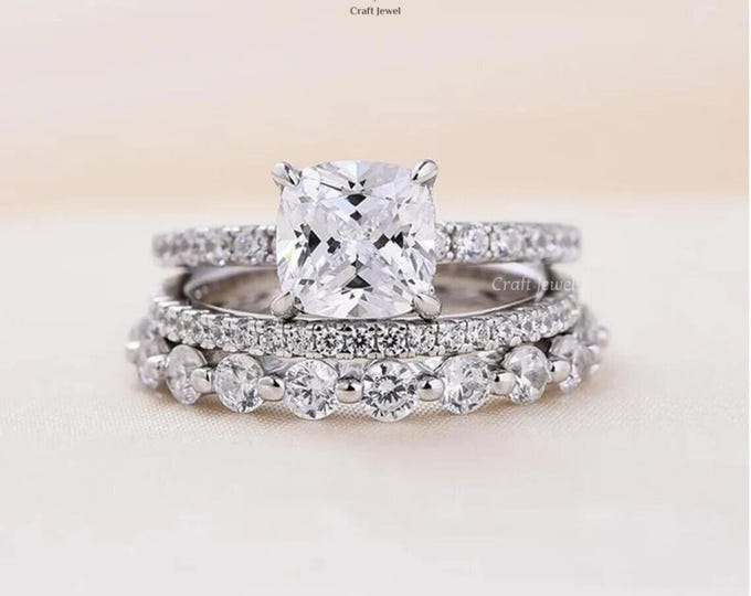 Classic Bridal Ring Set 2.50 CT Cushion Cut Moissanite Wedding Rings Hidden Halo Ring With Eternity Band 3pcs Ring Set Anniversary Gift Ring