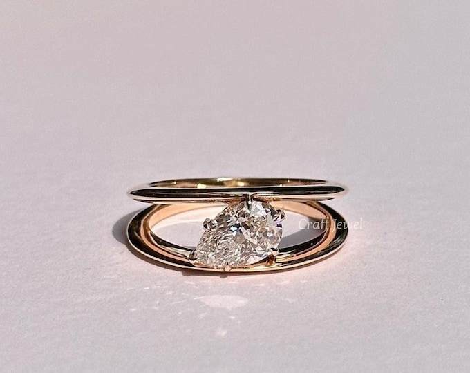 2 Ct Pear Cut Split Shank Ring, Knife Edge Unique Split Shank Ring, Horizontal Pear Cut Solitaire Ring, Gift for her, Unique Engagement Ring