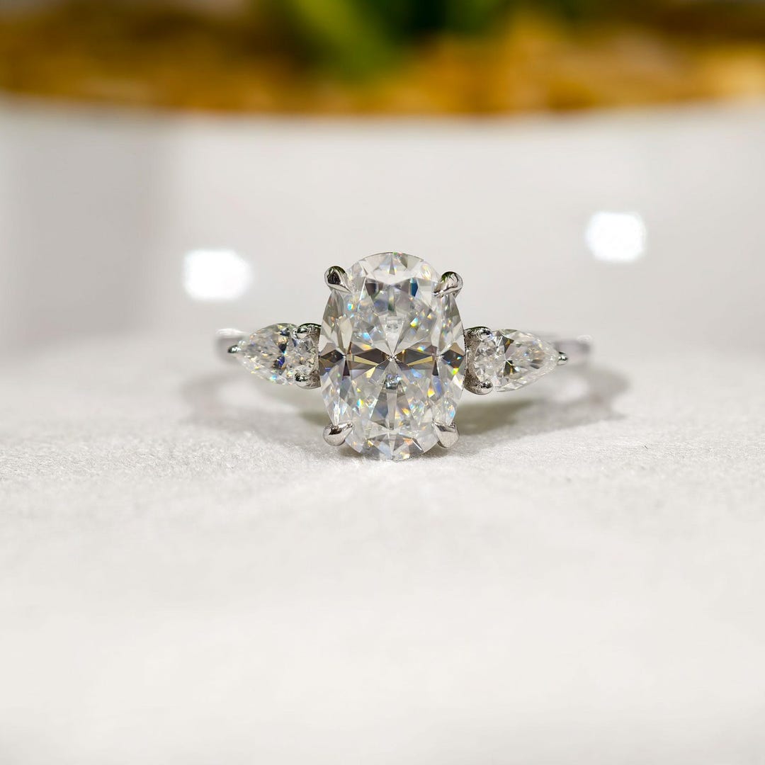 Oval Cut Moissanite Engagement Ring, Three Stone Wedding Ring, Side ...