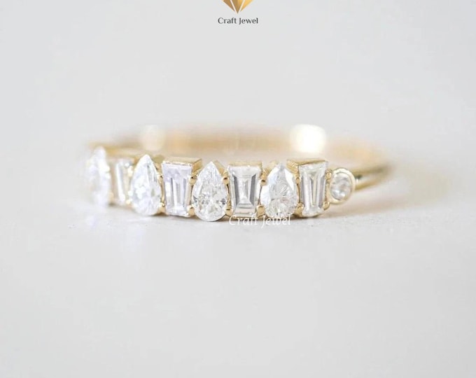 2 TCW Pear And Tapper Moissanite Wedding Band Half Eternity Moissanite Bridal Band For Women Unique Bridal Set Ring Anniversary Band