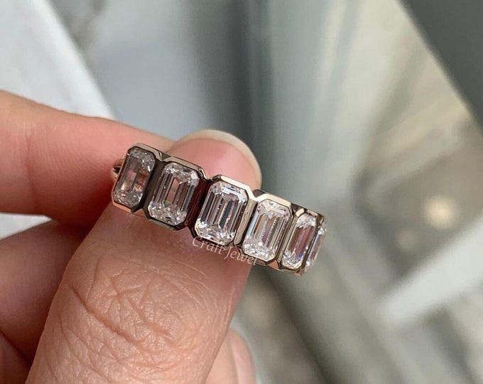 Emerald Cut Five Stone Bezel Set Lab Grown Diamond Wedding Band
