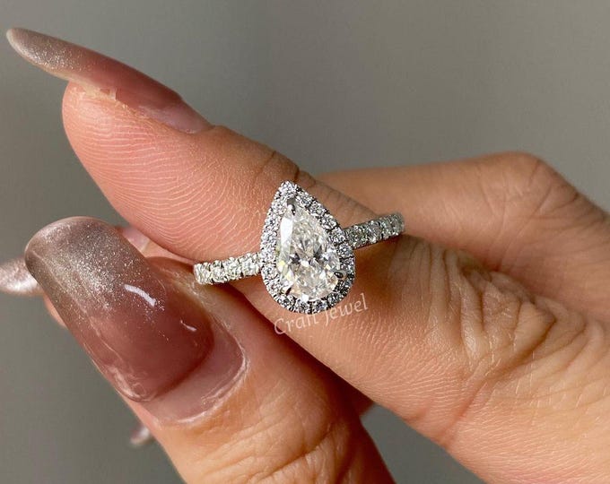 Vintage Style Pear shaped Moissanite Engagement Ring, Pear Cut 14k White Gold Halo Promise Ring, Wedding Ring Anniversary Ring Proposal Ring