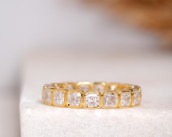 Asscher Cut Bezel Set Full Eternity Band, Moissanite Promise Band, Ethical Stacking Anniversary Band, 14K Solid Gold Matching Wedding Band