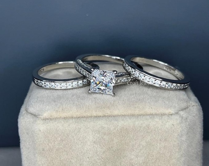 2 CT Princess Cut Moissanite Three-Piece Bridal Set with Channel-Set Wedding Band, Elegant Stacking Anniversary & Proposal Gift for Her