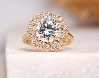 Round Brilliant Cut Moissanite Engagement Ring, Double Halo Wedding Ring, 14K Solid Gold Cluster Anniversary Ring, Customized Handmade Gift