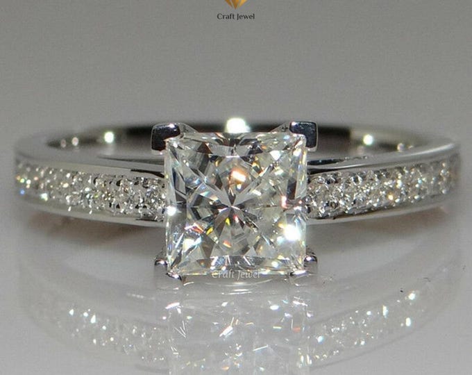 2 CT Princess Cut Moissanite Solitaire Engagement Ring with Four Prong Setting & Half Eternity Anniversary Ring -Timeless Gift Idea For Her