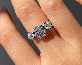 Three Stone Bezel Set Ring, 2 CT Round Cut Dual Shank Moissanite Diamond Ring, Three Stone Flat Shank Ring, Wedding Proposal Ring