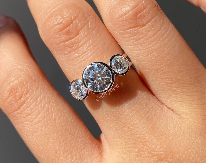 Three Stone Bezel Set Ring, 2 CT Round Cut Dual Shank Moissanite Diamond Ring, Three Stone Flat Shank Ring, Wedding Proposal Ring