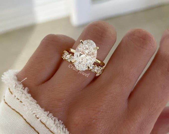 Oval Cut Hidden Halo Lab Grown Diamond Wedding Ring Set