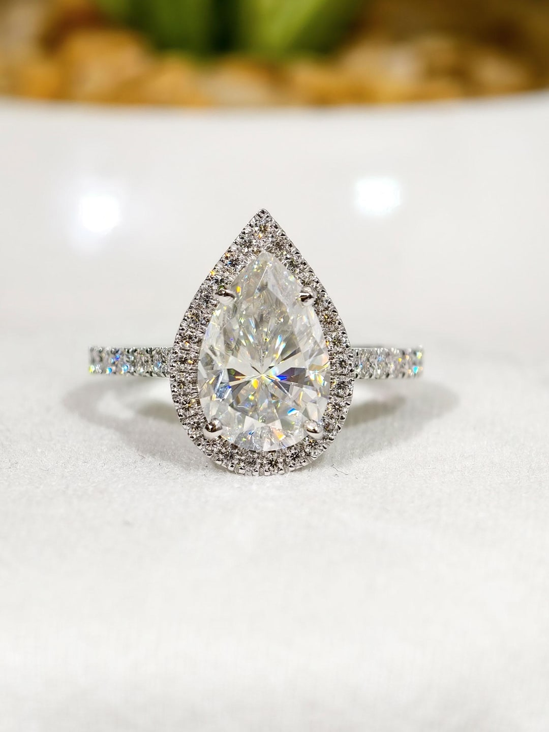 Pear Cut Halo Lab Grown Diamond Ring, 3 CT Teardrop Engagement Ring ...