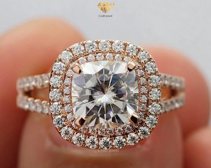 Double Halo Engagement Ring, 3 CT Cushion Cut Moissanite Split Shank Ring, Vintage Style Engagement Ring, Anniversary Gift, Proposal Ring