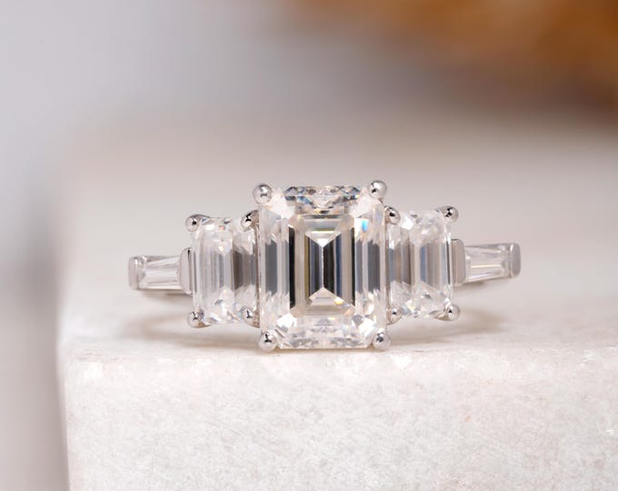 Five Stone Moissanite Wedding Ring, 2.50 CT Emerald Cut Colorless Diamond Engagement Ring, Modern Anniversary Gift, Daily Wear Proposal Ring