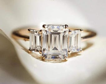 Three Stone Emerald Cut Moissanite Anniversary Ring, Emerald Cut Wedding Ring, Three Diamond Engagement Ring Unique Gold Jewelry For Her