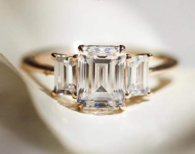 Three Stone Emerald Cut Moissanite Anniversary Ring, Emerald Cut Wedding Ring, Three Diamond Engagement Ring Unique Gold Jewelry For Her