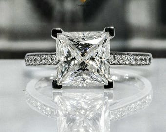 4 Ct Colorless Moissanite Princess Cut Solitaire With Accent Engagement Ring, Four Prong Wedding Bridal Proposal Ring, Anniversary Ring