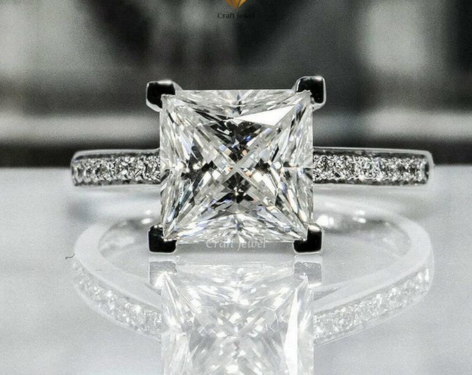 4 Ct Colorless Moissanite Princess Cut Solitaire With Accent Engagement Ring, Four Prong Wedding Bridal Proposal Ring, Anniversary Ring