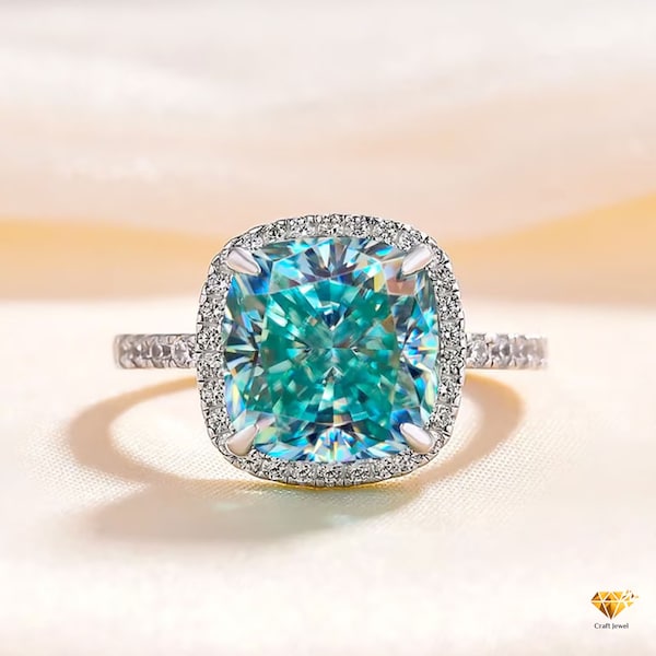 Bague de fiançailles en moissanite taille coussin bleu cyan, alliance halo taille coussin 4 carats, bague de mariée solitaire classique pour mariée