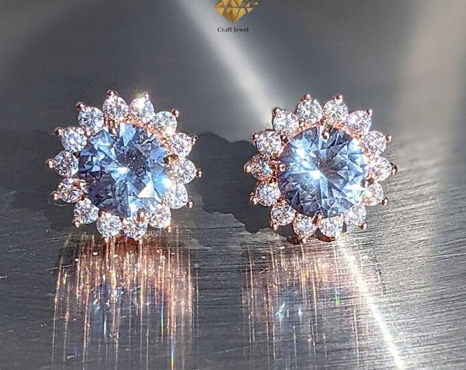 Cyan Blue Round Cut Moissanite Diamond Earrings, Cluster Flower Studs For Women Flower Halo Push Back Anniversary Gift Earring For Your Love