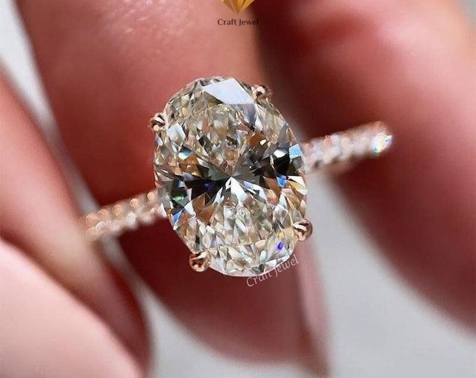 3 CT Oval Cut Moissanite Engagement Ring With Pave & Hidden Halo, Oval Solitaire And Half Eternity Ring, Promise Gift For Wife