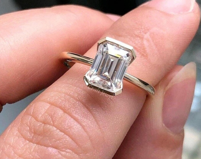 2 CT Emerald Cut Lab Grown Diamond Engagement Ring, 14K Yellow Gold Handmade Ring, Half Bezel Set Promise Ring, Custom Anniversary Ring