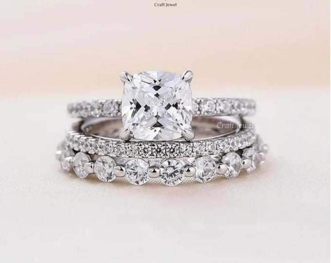Classic Bridal Ring Set, Cushion Cut Lab Grown Diamond Wedding Rings Hidden Halo Ring With Half Eternity Band 3pcs Ring Set Anniversary Gift