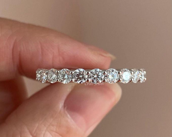 Round Cut Moissanite Wedding Band, Full Eternity Anniversary Gift Band, Unique Shared Prong Setting Promise Band, Minimalist Stackable Band