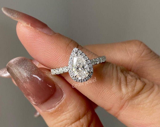 2 Carat pear cut lab Grown Diamond Ring, Pear Cut Halo Engagement Ring, Bridal Lab Grown Ring with Small Round Diamond on Shank, Best gift