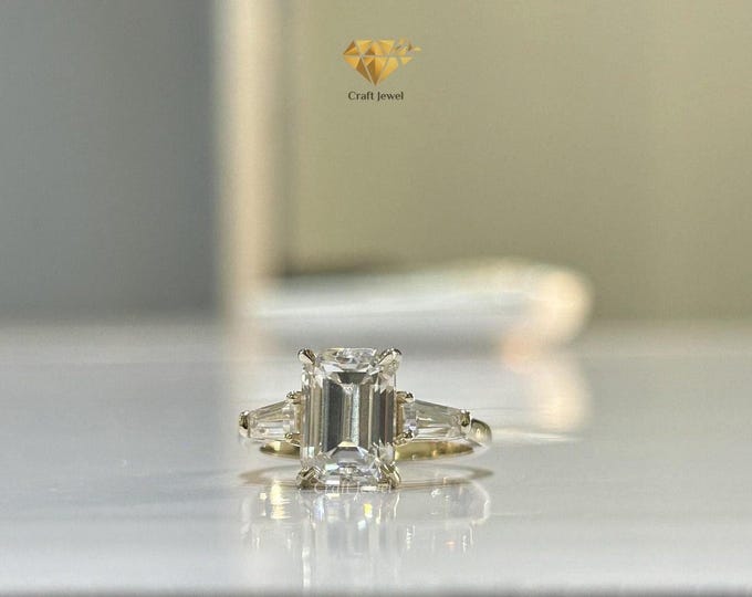 Emerald Cut Moissanite Engagement Ring, 1.50 Ct Three Stone Side Tappered Moissanite Anniversary Ring for Her, Claw Prong Law Profile Ring