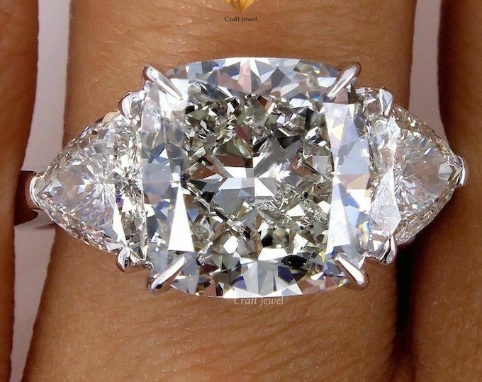 3 CT Cushion Cut Moissanite Engagement Ring, Three Stone Wedding Bridal Ring, Side Trillion Cut Anniversary Gift Ring, Promise Ring For Love