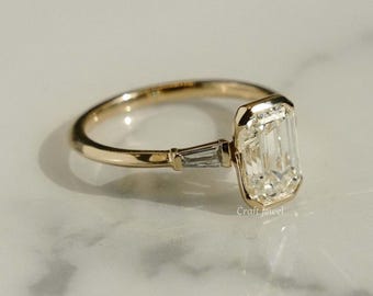 Emerald Cut Moissanite Three Stone Engagement Ring, Side Tapper Baguette Cut Trilogy Diamond Half Bezel Set Luxurious Wedding Ring