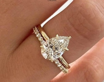 IGI Certified Pear Cut Lab Grown Diamond Wedding Ring Set, Hidden Halo Solitaire Engagement Ring With Matching Eternity Band, Bridal Jewelry