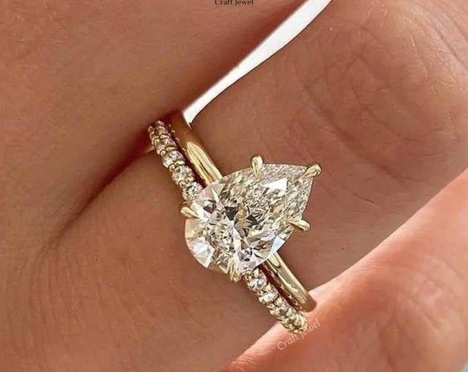IGI Certified Pear Cut Lab Grown Diamond Wedding Ring Set, Hidden Halo Solitaire Engagement Ring With Matching Eternity Band, Bridal Jewelry