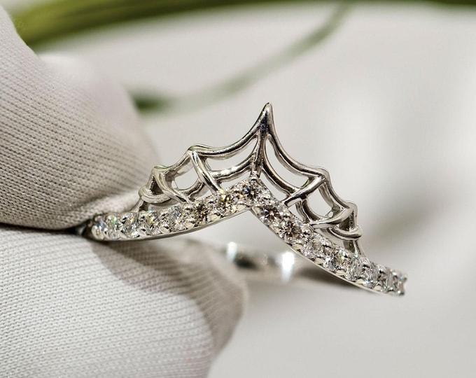 Spider Web Moissanite Wedding Band, Spider Net Stackable Curved Band For Her, 14K White Gold Chevron Gothic Style Halloween Jewelry